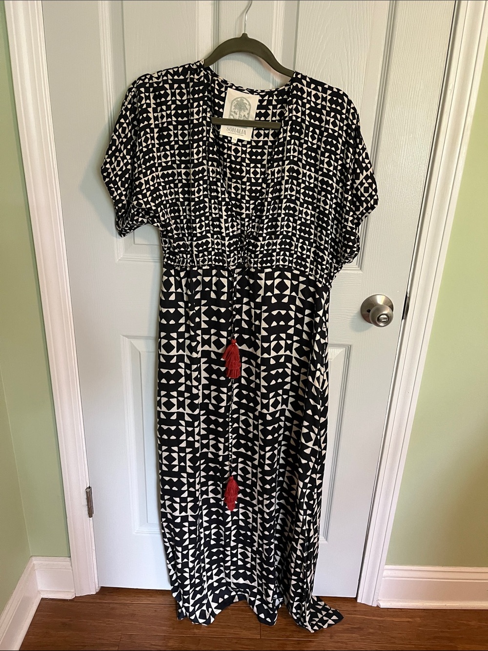 Nomad Black & White Geometric Maxi Dress with Red Tassels